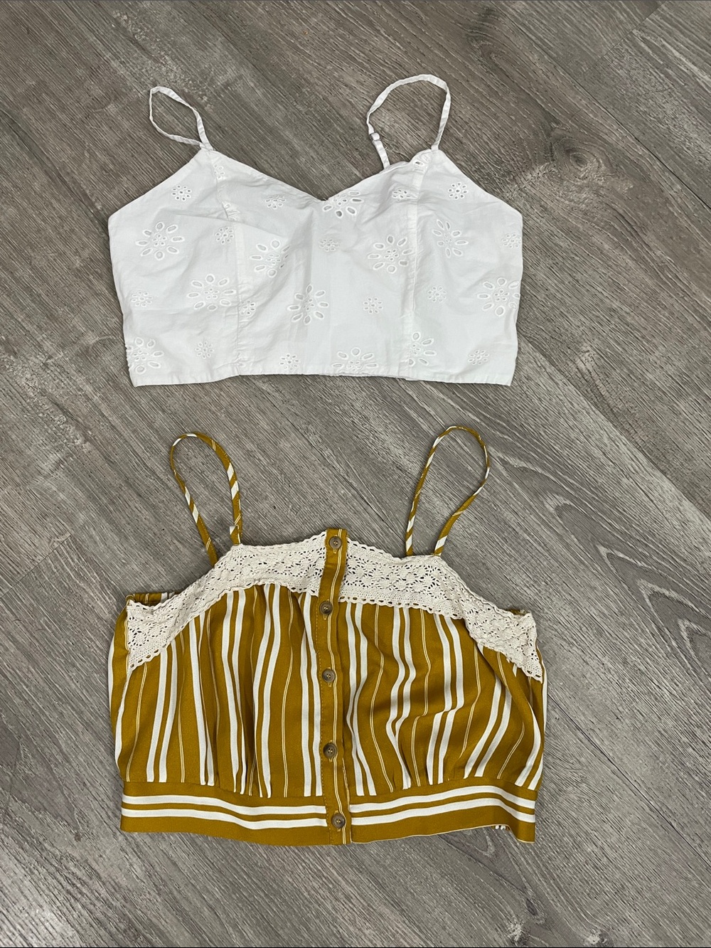 Hem & Thread White Eyelet Crop & Mustard Stripe Button-Front Camisole Duo